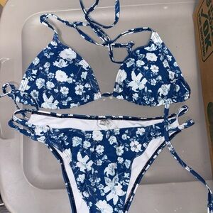 SHEIN Blue and White Patterned Bikini (L) PLUS a surprise black SHEIN bikini (L)